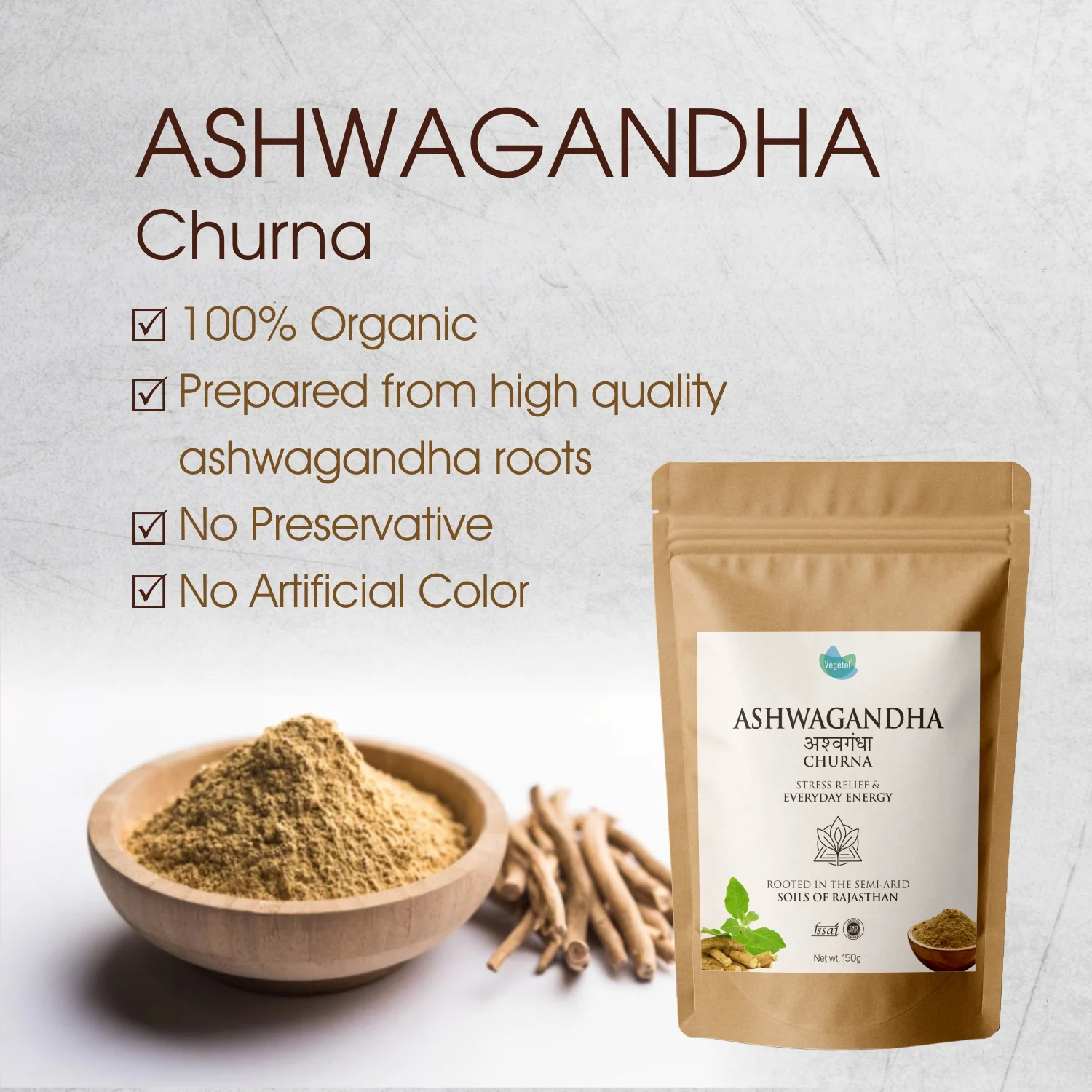 Vegetal Ashwagandha Churna | 150g | 100% Organic | Stress Relief, Strength & Stamina, Better Sleep & Hormonal Balance | No Preservatives or Artificial Colors | From Rajasthan’s Semi-Arid Soils - Image 5